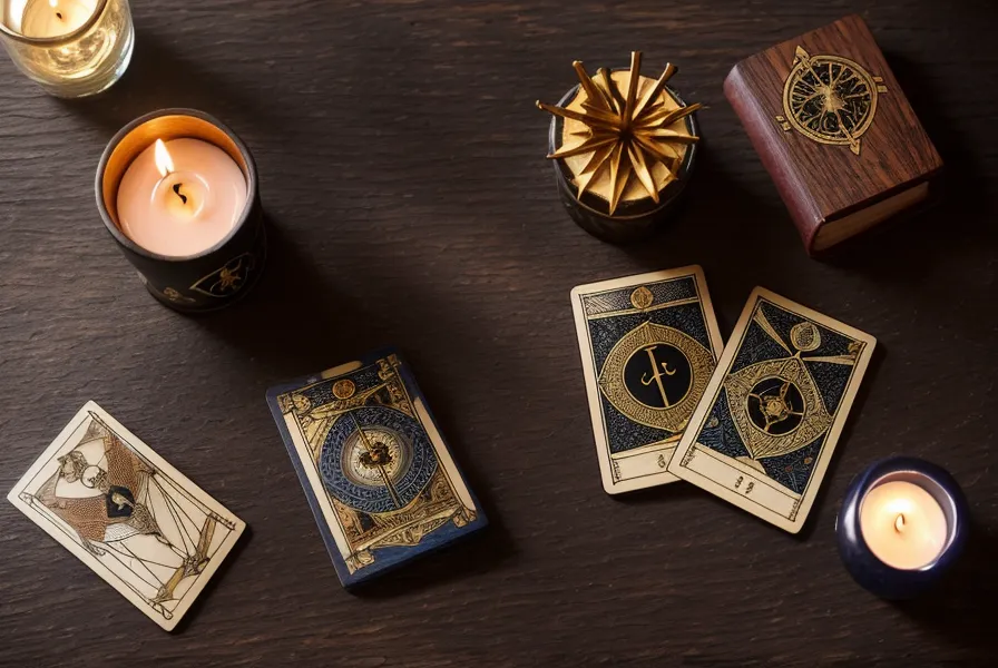 Le 4 de deniers du tarot de Marseille posé à côté d'un registre de comptabilité, exemple d'interprétation des deniers