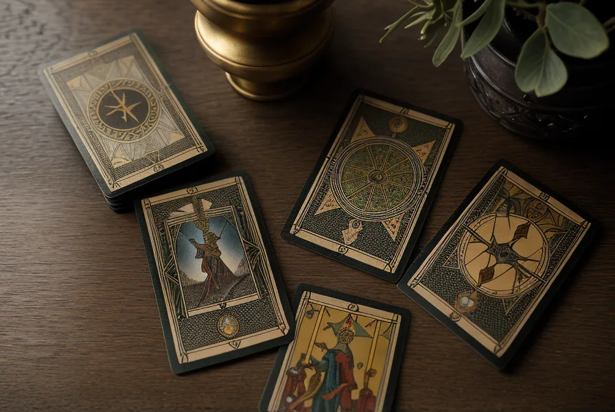 Gros plan de trois cartes du tarot de Marseille sur une surface en chêne poli.