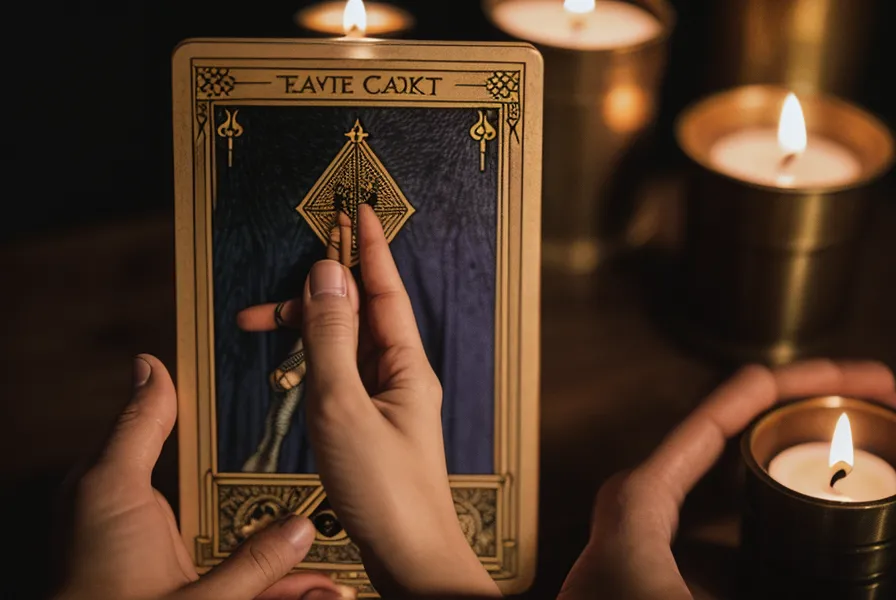 Gros plan d'une main tirant une carte de tarot dans une ambiance de librairie ancienne.