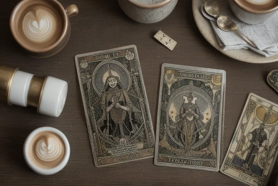 Carte du Monde du Tarot de Marseille posée à côté d'une calculatrice sur un bureau